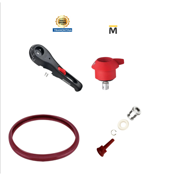 KIT CABO SUPERIOR +ANEL VEDAÇÃO + VALVULA SEGURANÇA +VALVULA PRESSÃO ORIGINAL PANELA PRESSÃO TRAMONTINA SOLAR INOX