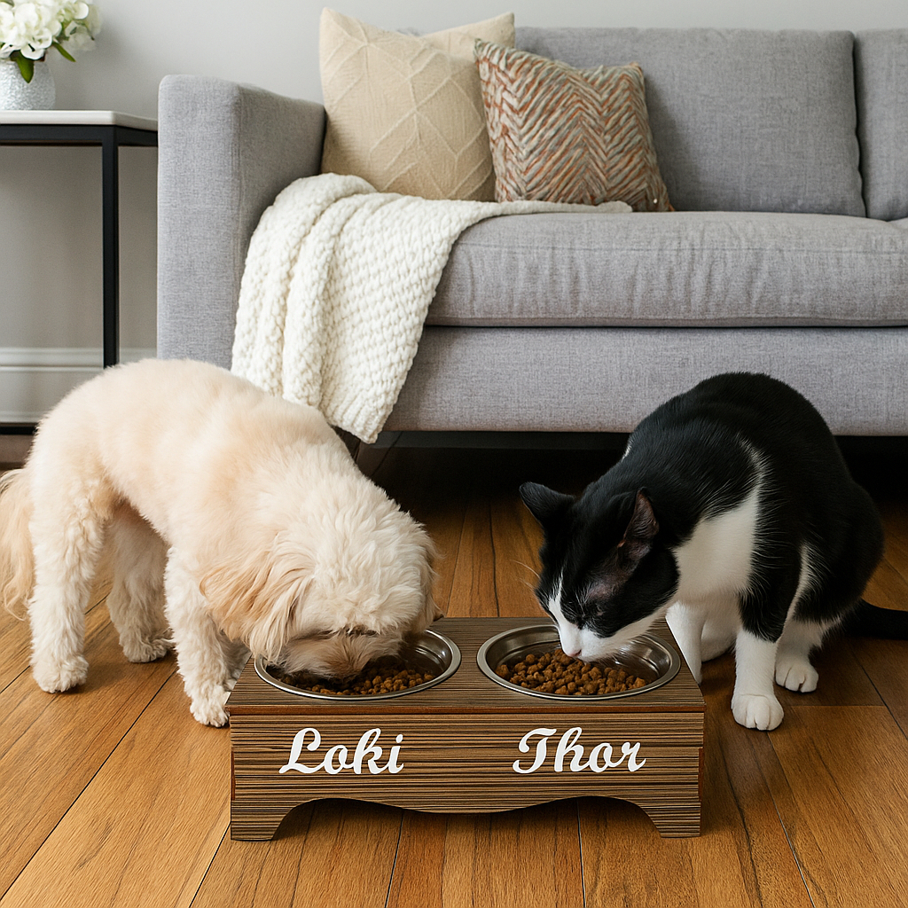 Comedouro Duplo Elevado Personalizado Para Cão e Gato + Tigelas Com Tampas