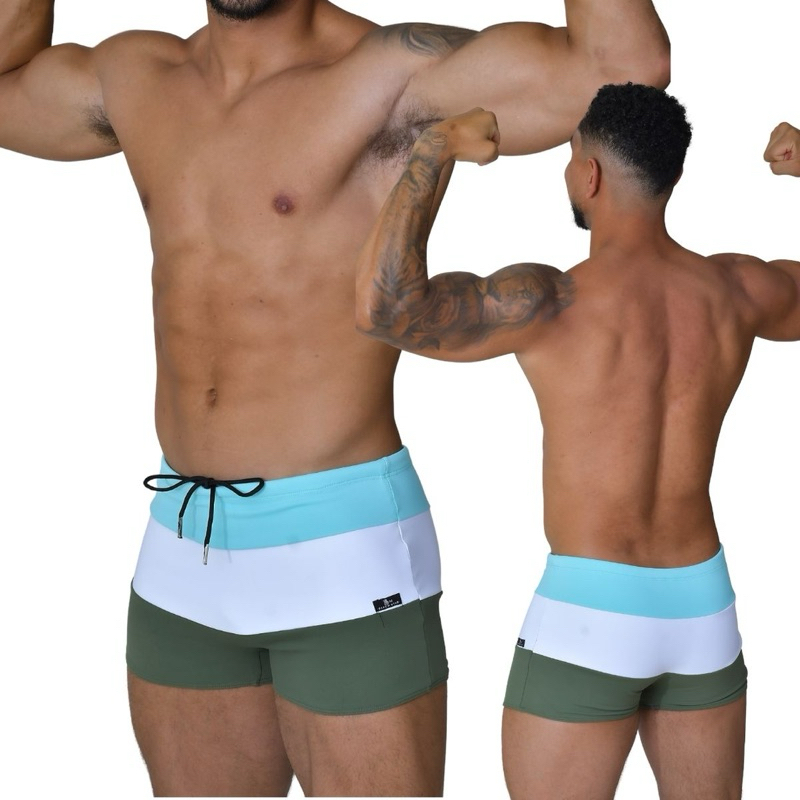 Sunga Adulto Boxer Moda Praia Tricolor Azul Turquesa Branco e Verde Militar Proteção UV