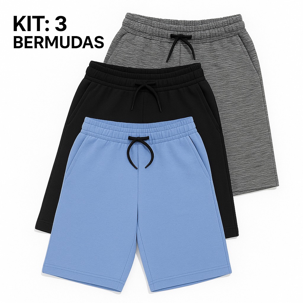 kit 3 Bermuda Moletom Masculina Estiloso Treino Academia Treino Casual Algodão Cores