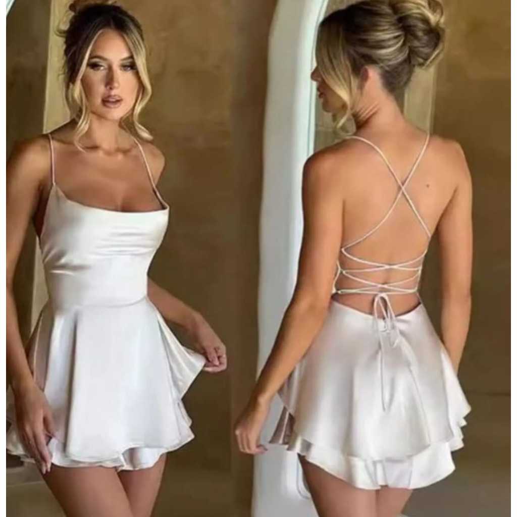 Vestido macaquinho tecido cetim em Oferta na Shopee