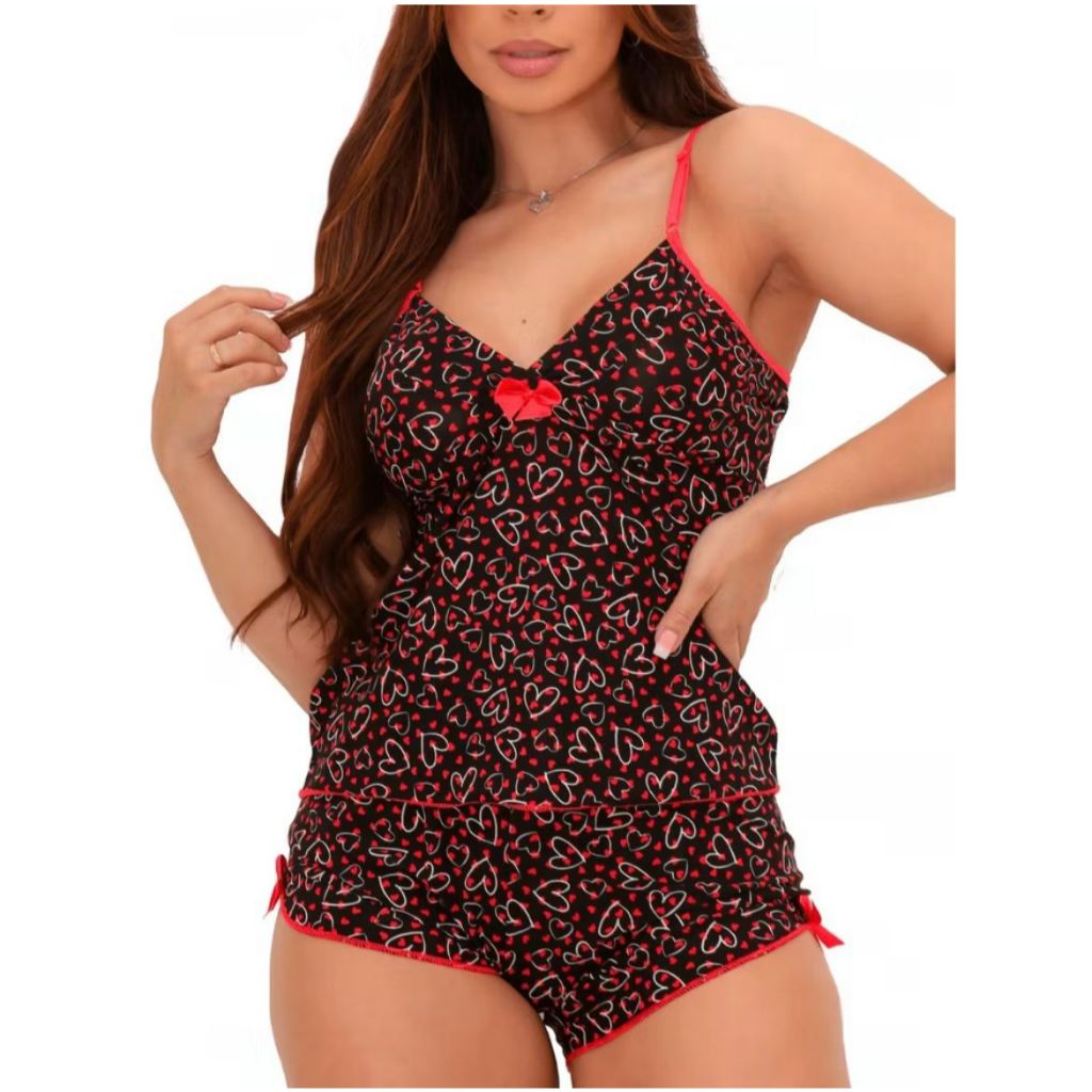 Kit com 2 Conjuntos de Baby Doll Feminino em Liganete Estampado Short Feminino Linha Noite. em Oferta na Shopee