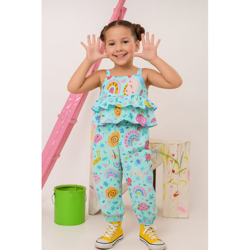 Conjunto Infantil Feminino Crepe Seda Estampado Colorido – Roupa Confortável Menina