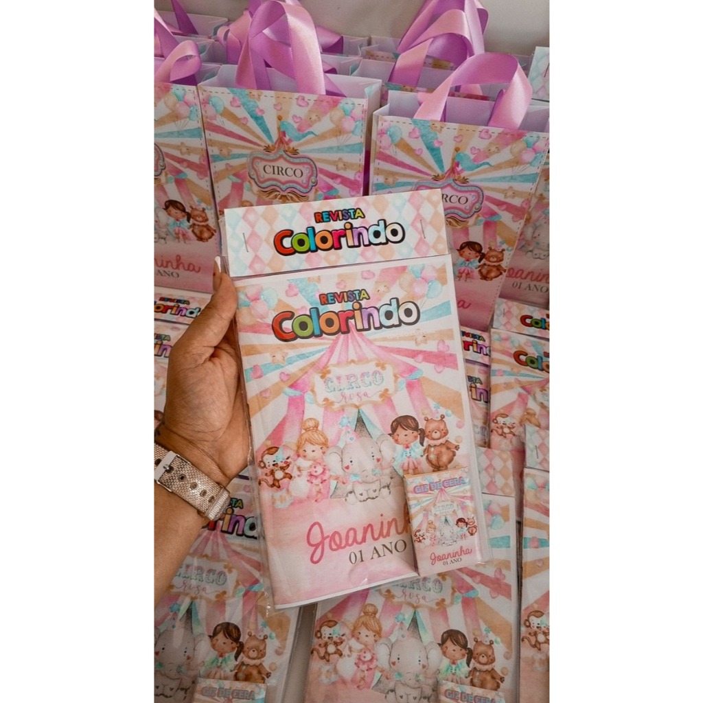 Kit Colorir Festa Circo Rosa |10x15cm | Revista + Giz | Lembrancinhas Aniversário Personalizadas.