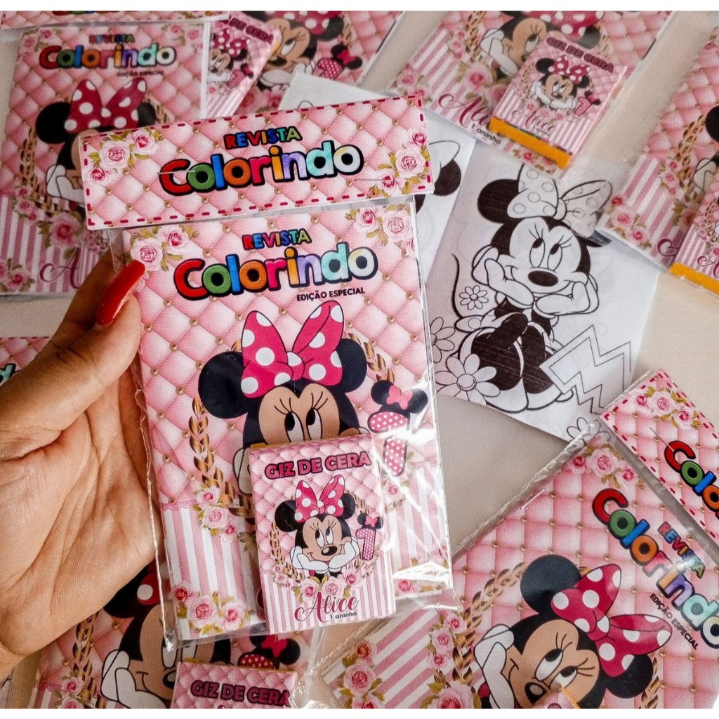 Kit Colorir Festa Minnie Rosa 10x15cm| Revista + Giz | Lembrancinhas Aniversário Personalizadas