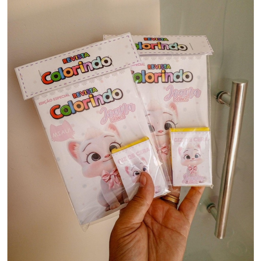 Kit Colorir Festa Gatinhos 10x15cm| Revista + Giz | Lembrancinhas Aniversário Personalizadas