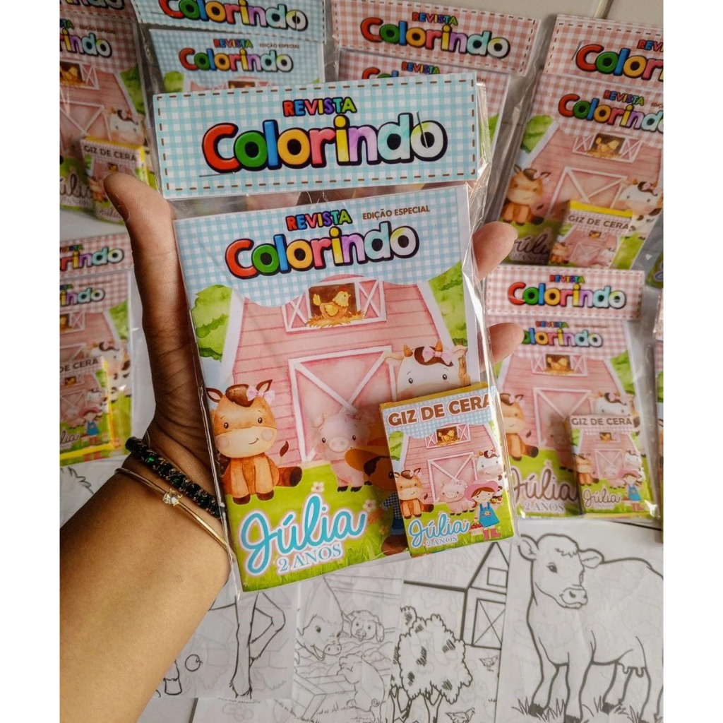 Kit Colorir Festa Fazendinha 10x15cm| Revista + Giz | Lembrancinhas Aniversário Personalizadas