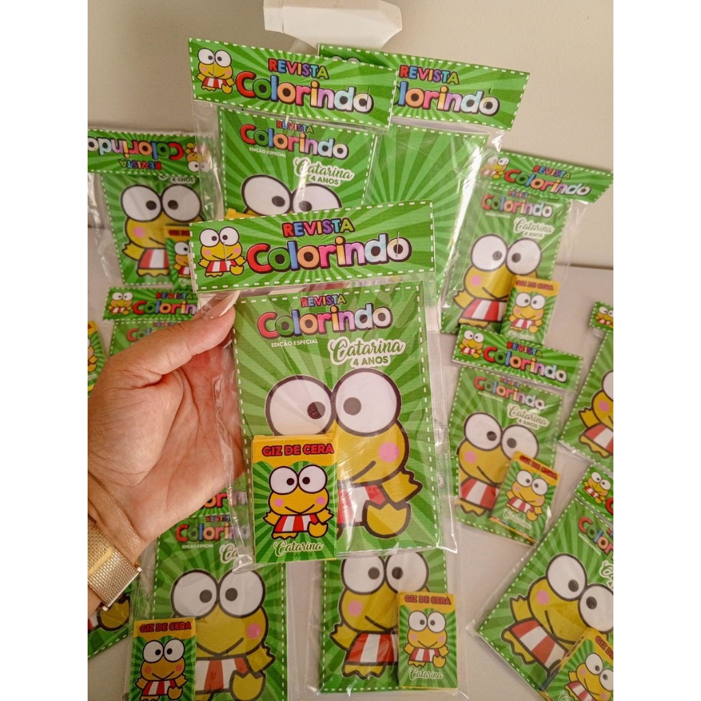 Kit Colorir Festa Keroppi Hello Kitty 10x15cm| Revista + Giz | Lembrancinhas Aniversário Personalizadas