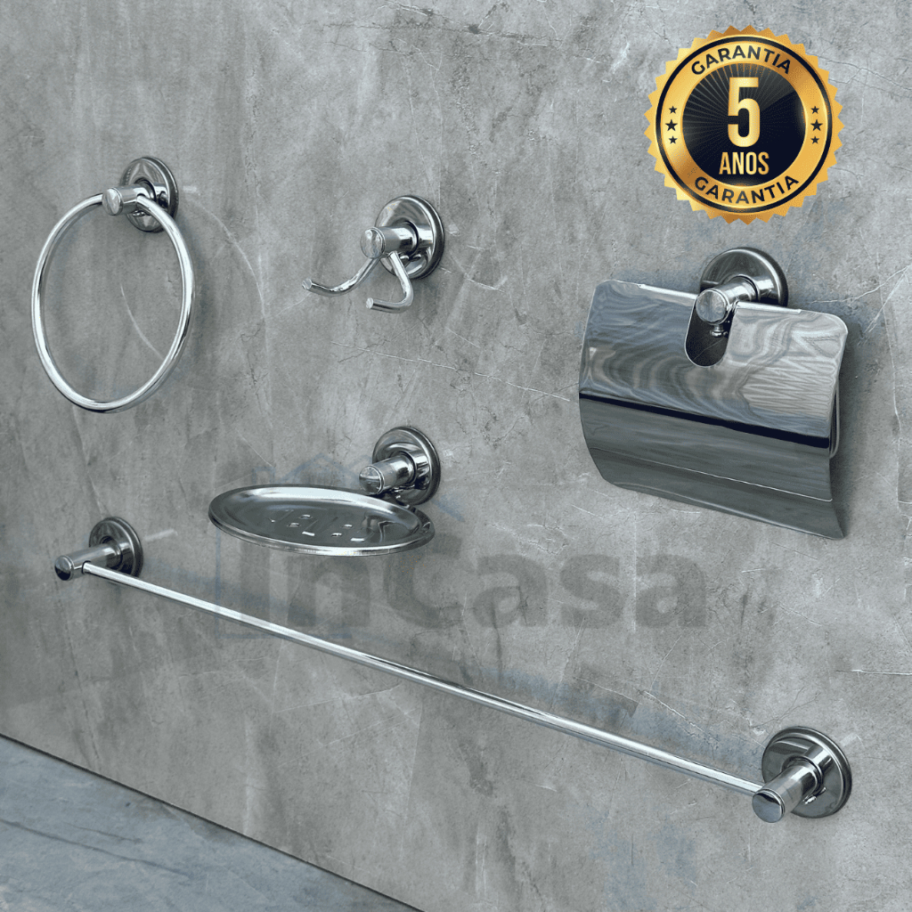 Kit Acessórios Para Banheiro de Metal Inox 5 Peças Completo Cromado