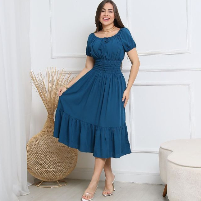 Vestido midi ciganinha casual manga curta evangélica moda gringa achadinho###