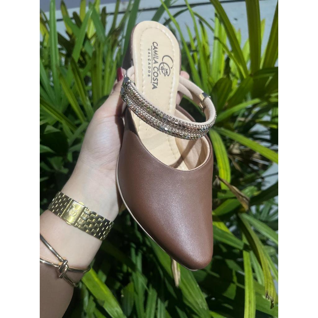 Mule Social 2 em 1 Feminino Femininas Scarpin Salto Medio Baixo Manta brilhante  Confort Marrom Café