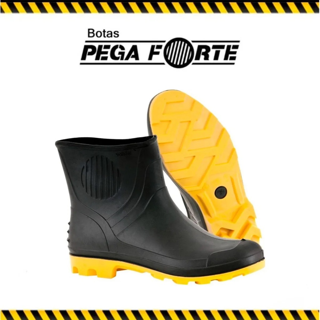 Bota Galocha Cano Curto 3/4 Impermeável Pega Forte Com ou Sem Forro Preto e Amarelo Grendene