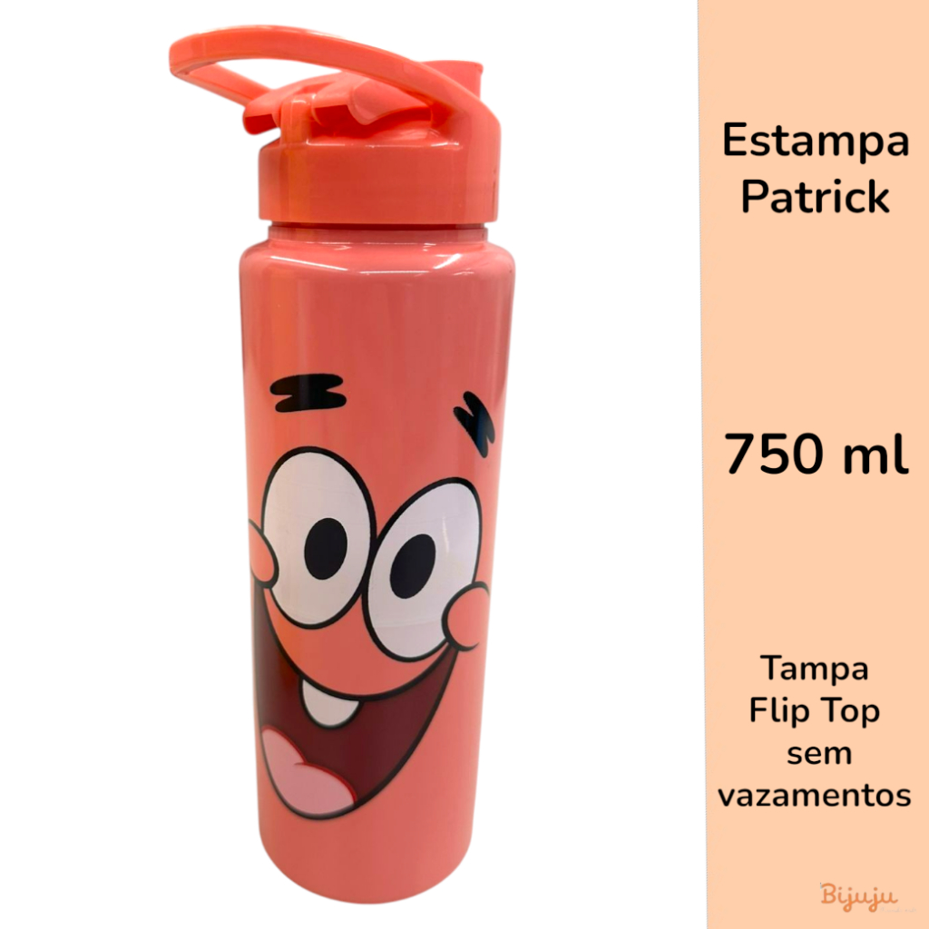 Garrafa Infantil Squeeze de Água Plástico Criança Menino Menina Bob Esponja Patrick tampa alça 750ml