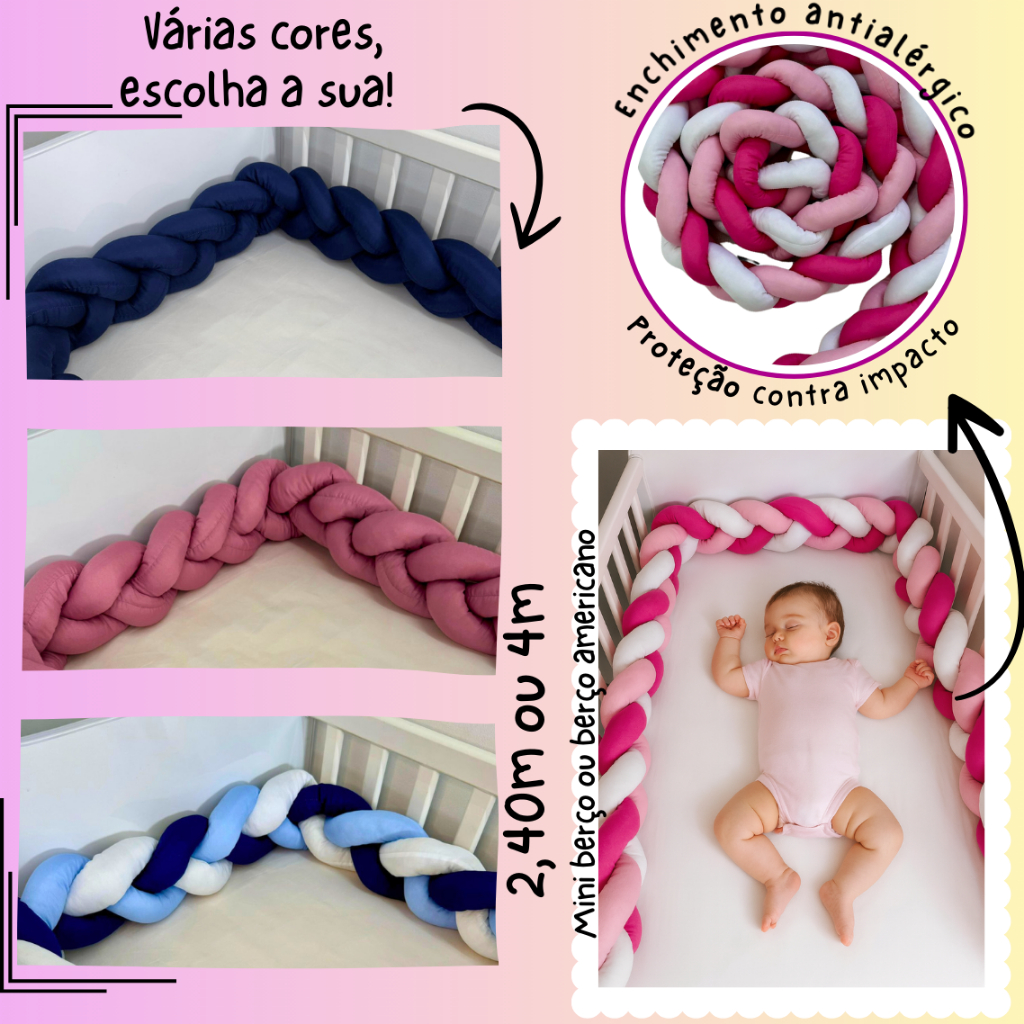 Trança avulsa 2,40 ou 4 metros para berço americano mini berço cama menina menino Direto da Fábrica