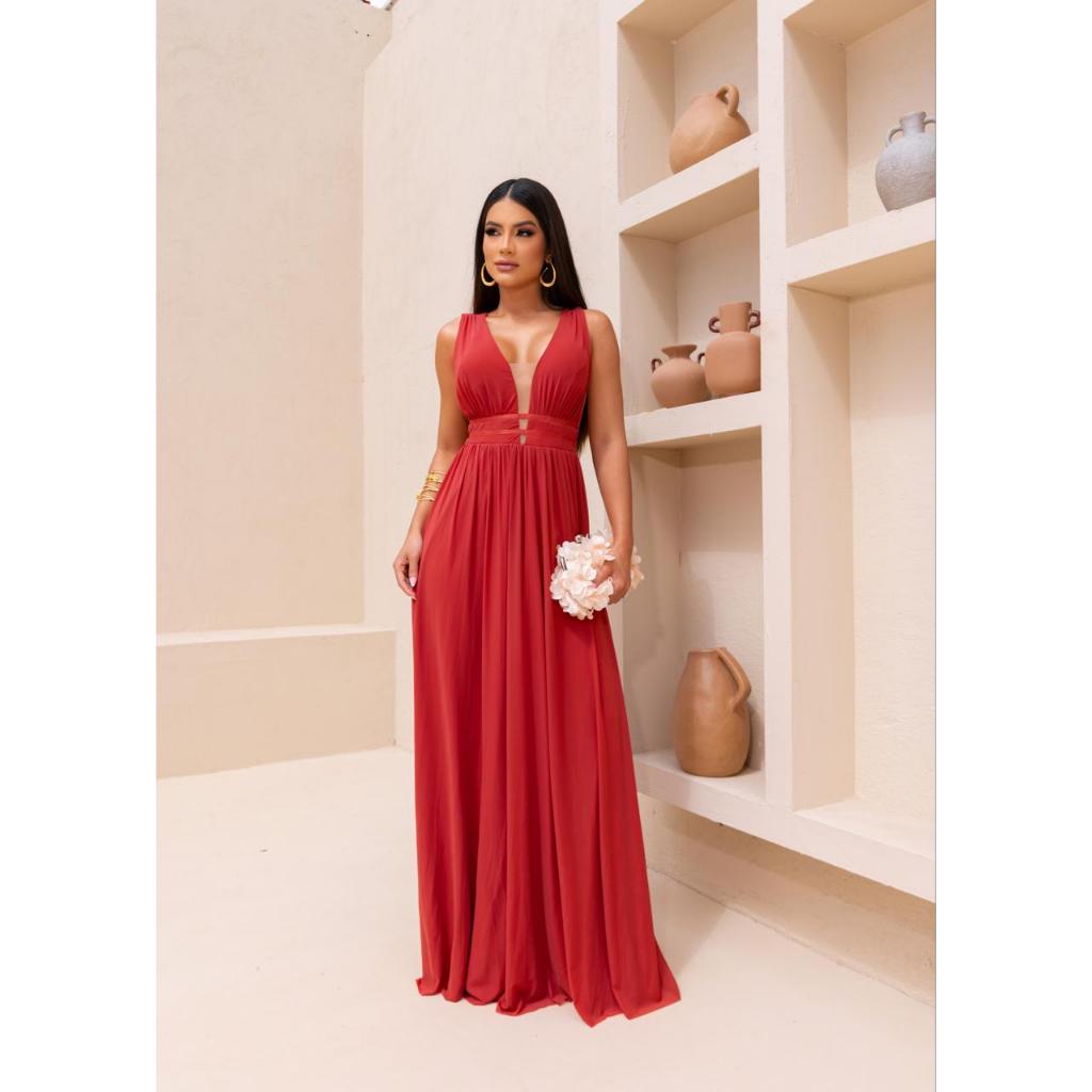 Vestido de Festa em Tule  elegante REF036 / Decote / Abertura nas Laterais / Longo para Formatura, Madrinha e Convidadas em Oferta na Shopee