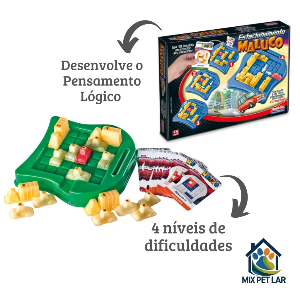 JOGO DE ESTRATÉGIA ESTACIONAMENTO MALUCO COM 40 DESAFIOS PARA O RACIOCÍNIO PLASBRINK