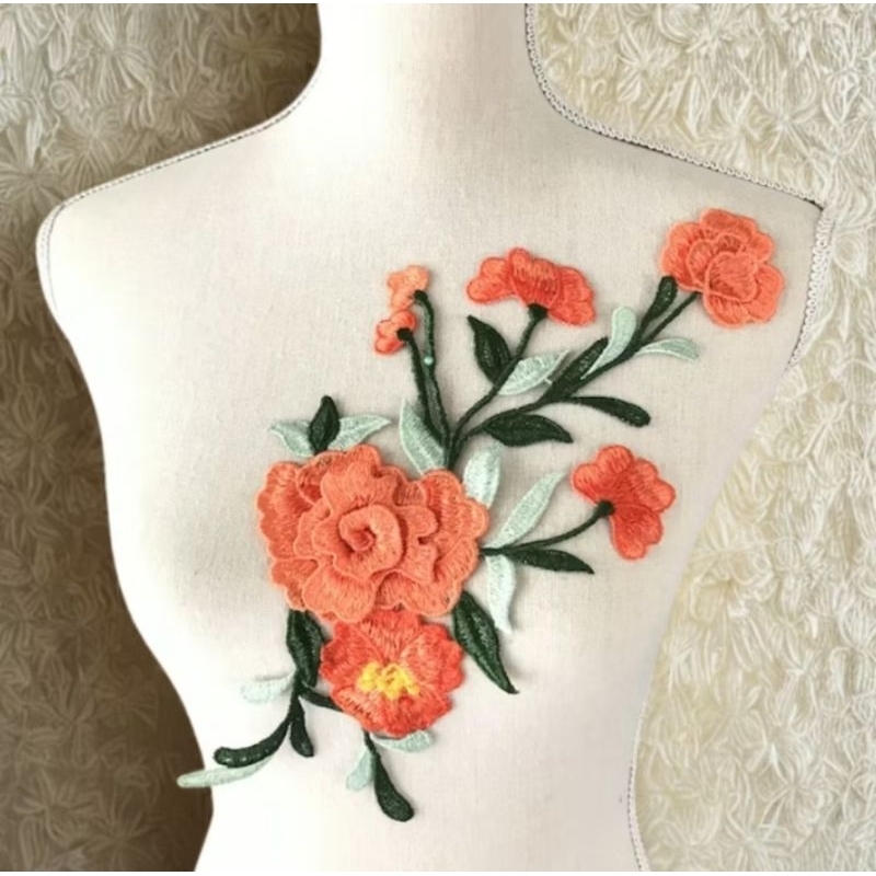 Patche Bordado Flores 3D Cor Rosa e Laranja Patch para Aplicação em Roupas e Artesanato DIY