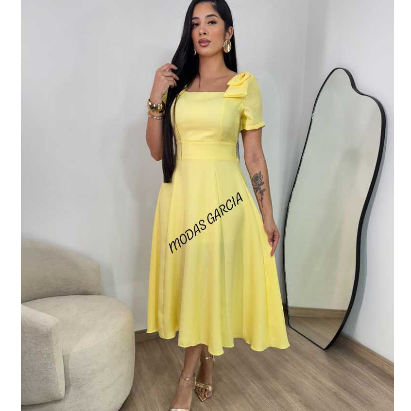 Vestido Feminino Mídi  em Duna Linho com Laço na Manga Elástico na Cintura - Moda Elegante Festa em Oferta na Shopee