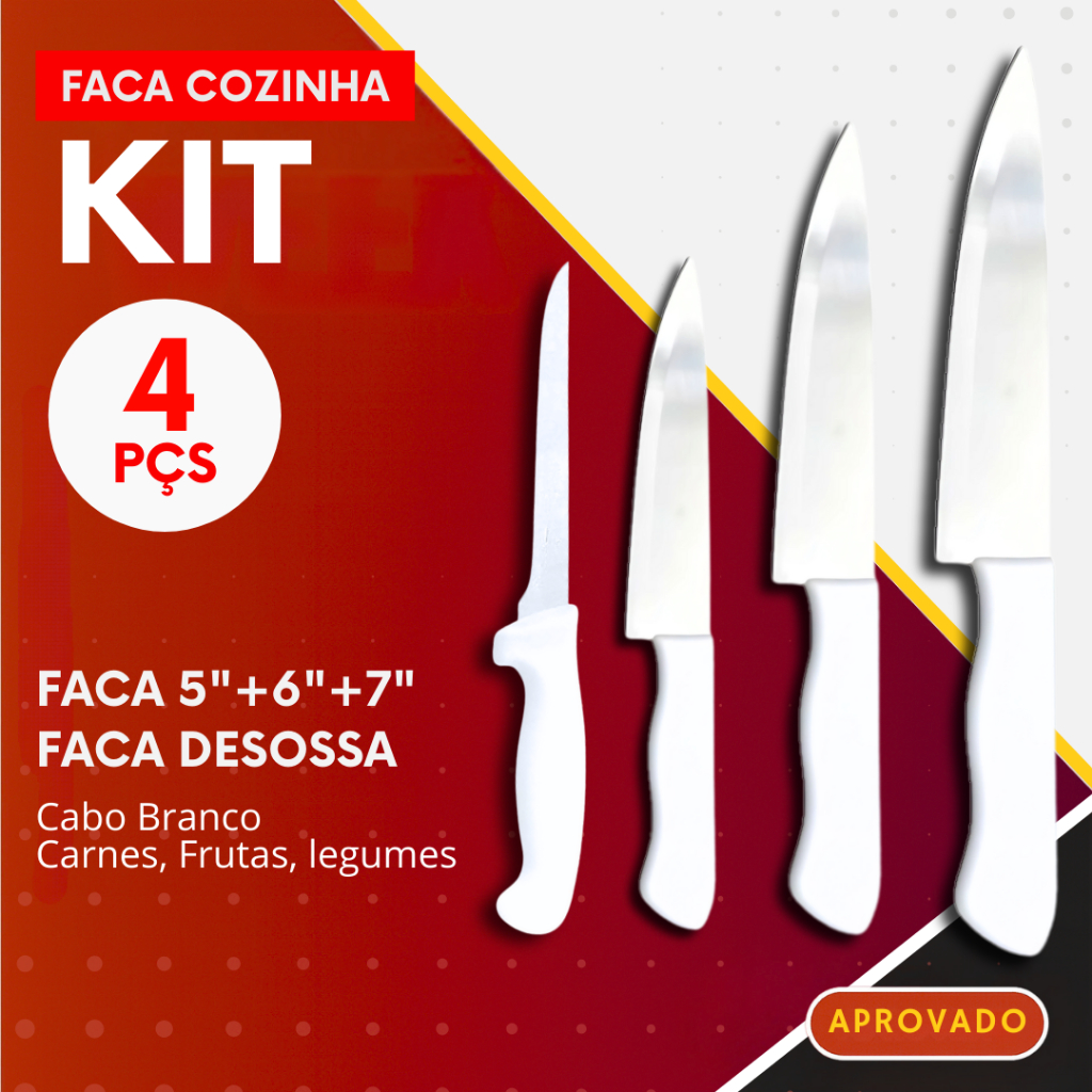 Imagem Kit 4 Facas de Aço Inox para Cozinha Churrasco Açougue Uso Profissional Chef e Donas de Casa