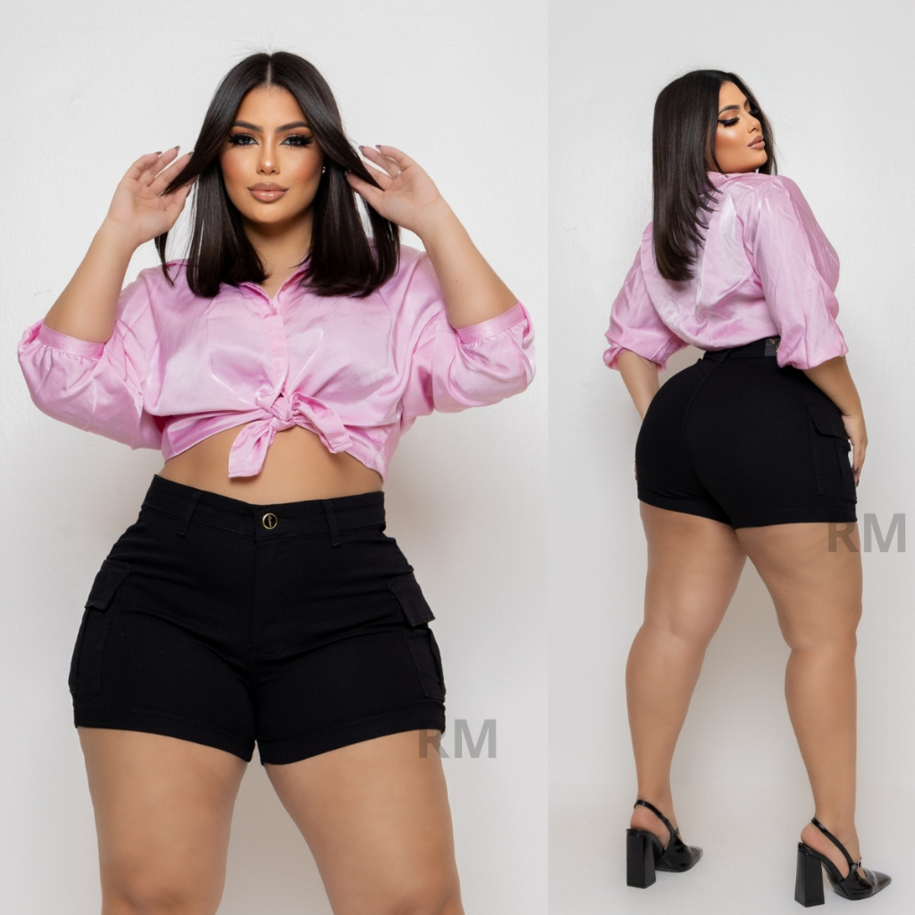 SHORT JEANS FEMININO CARGO PLUS SIZE COM LYCRA CINTURA ALTA