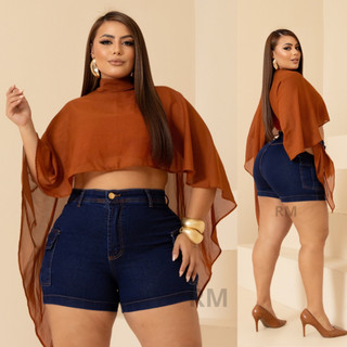 SHORT JEANS FEMININO CARGO PLUS SIZE C/ LYCRA CINTURA ALTA Moda Plus Size