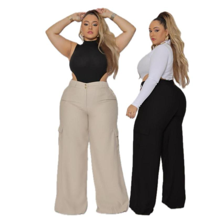 CALÇA PANTALONA FEMENINA TECIDO ALFAIATARIA PLUS SIZE BOLSO CARGO em Oferta na Shopee