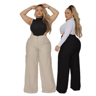 CALÇA PANTALONA FEMENINA TECIDO ALFAIATARIA PLUS SIZE BOLSO CARGO em Oferta na Shopee