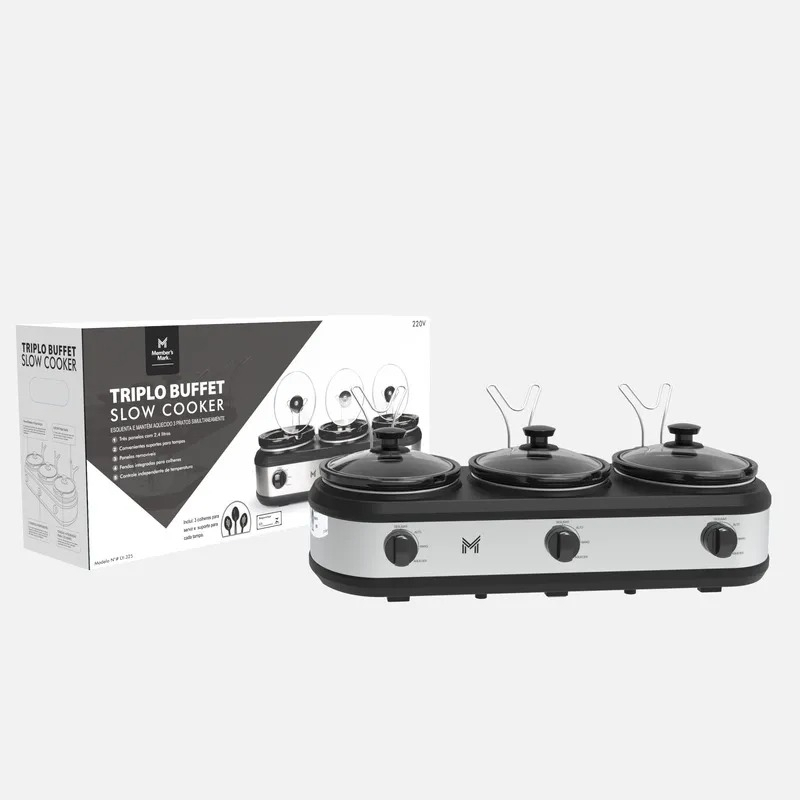 Rechaud Elétrico Members Ly325 Triplo Buffet Slow Cooker 3 Panelas 2,4 Litros Cada