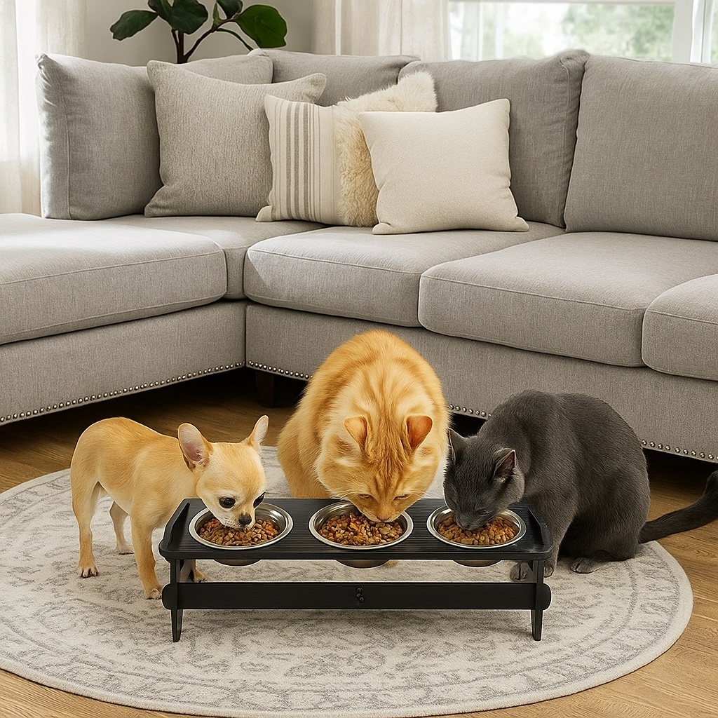 Comedouro Triplo Elevado Com TAMPAS Para Cães e Gatos + Tigelas Inox em Oferta na Shopee