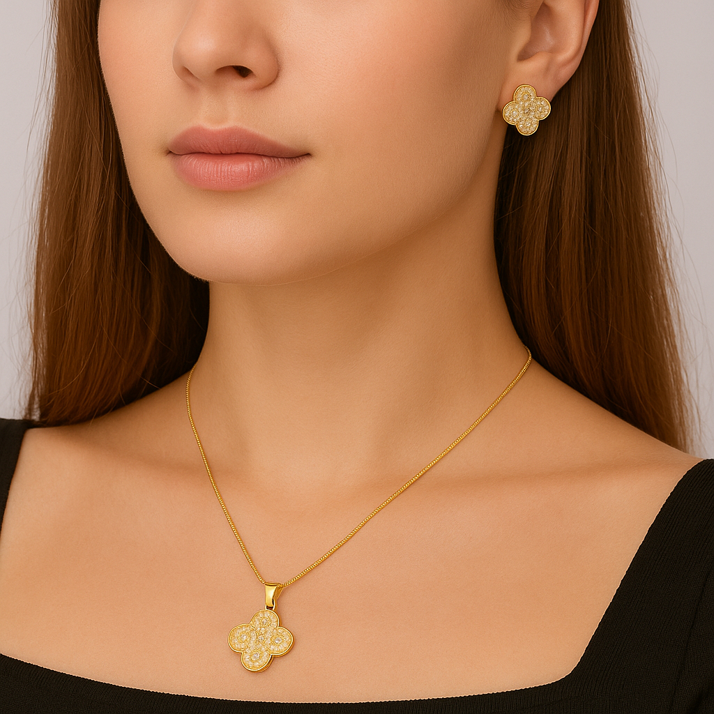 Colar e Brincos Folheados a Ouro com Zircônia, Conjunto Feminino Flor de Trevo, Joias Elegantes para Festa e Presente em Oferta na Shopee