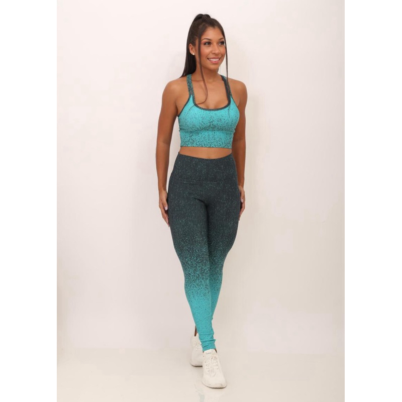 Conjunto Fitness Feminino Estampado Degradê | Top + Calça Legging Academia