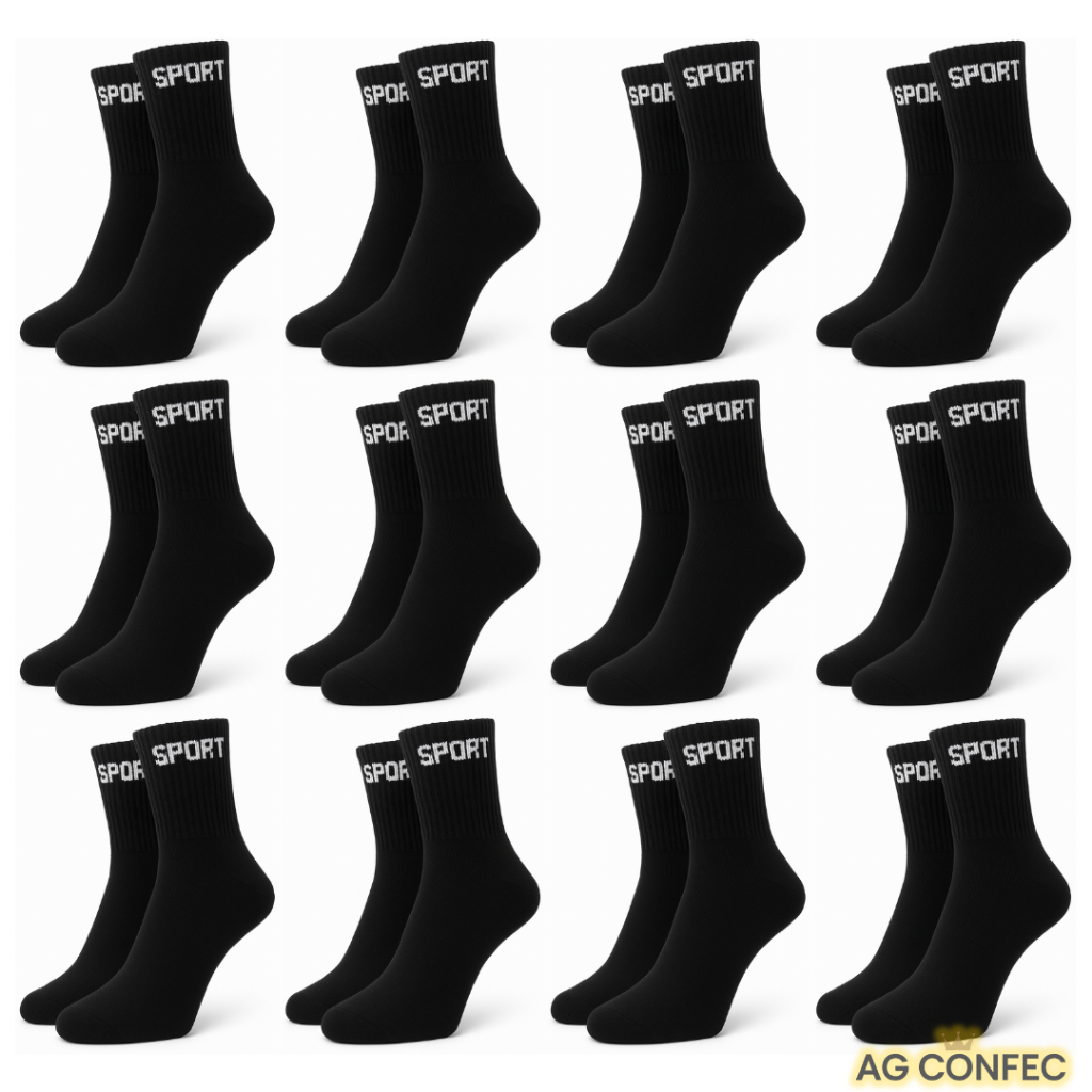 Kit 24 Pares De Meias Cano Alto 100% Algodão Todas Pretas SPORT em Oferta na Shopee