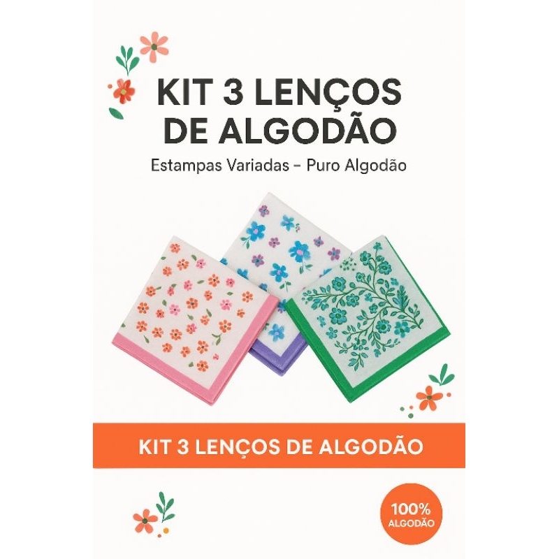 Kit 3 Lenços Femininos Primavera Algodão Estampados Coloridos Macios Elegantes Higiene Reutilizável Uso Diário