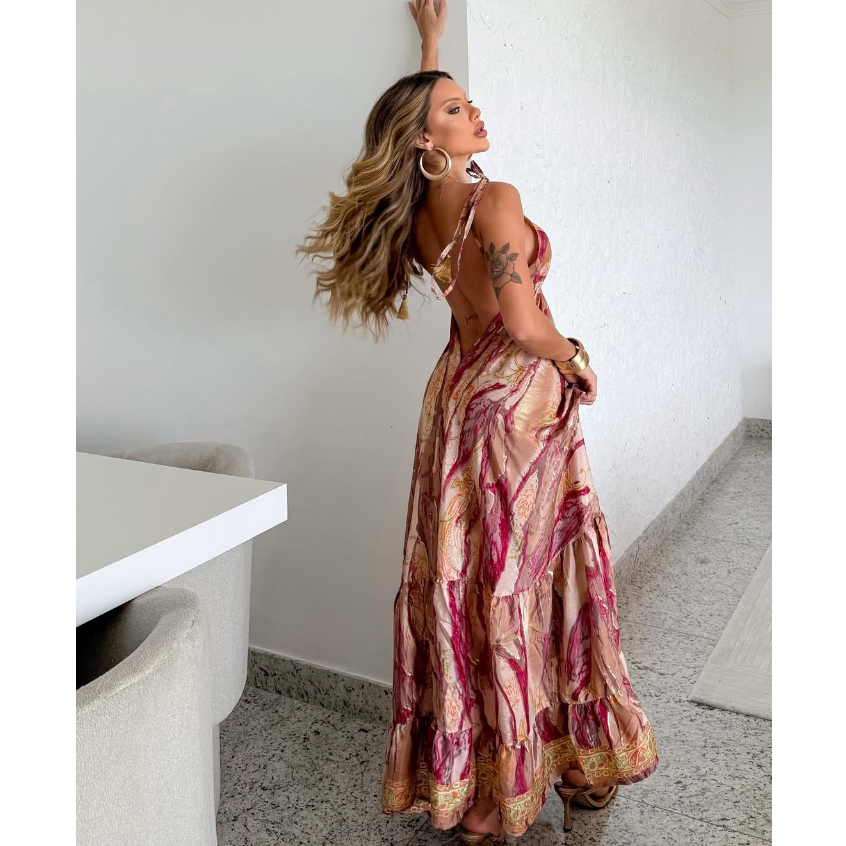 Vestido costa nua longo elegante feminino longo de Seda Indiano estampado em Oferta na Shopee