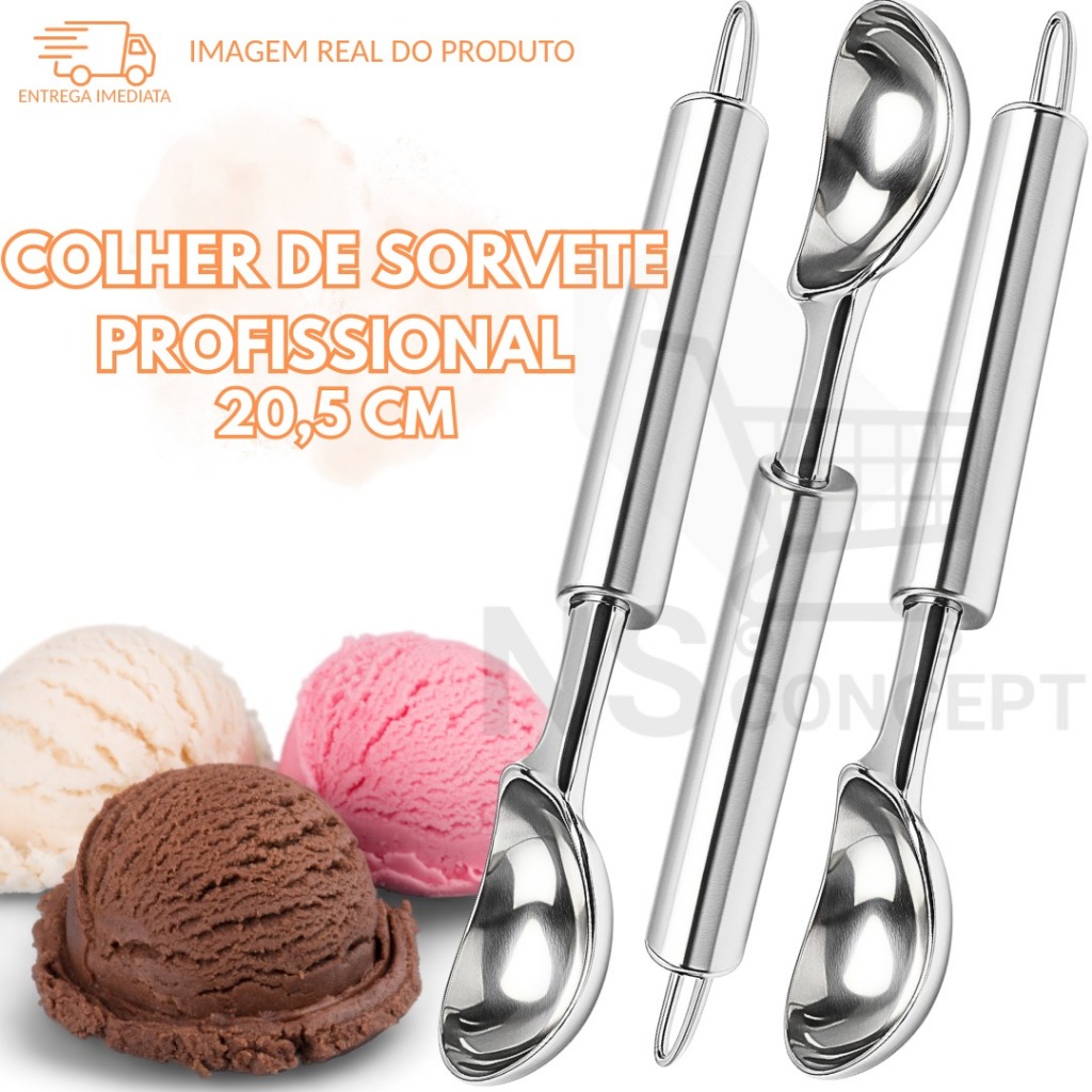 Colher de Sorvete Profissional em Inox 20,5cm Utensílio Resistente para Sorveteria Confeitaria Cozinha Qualidade Premium