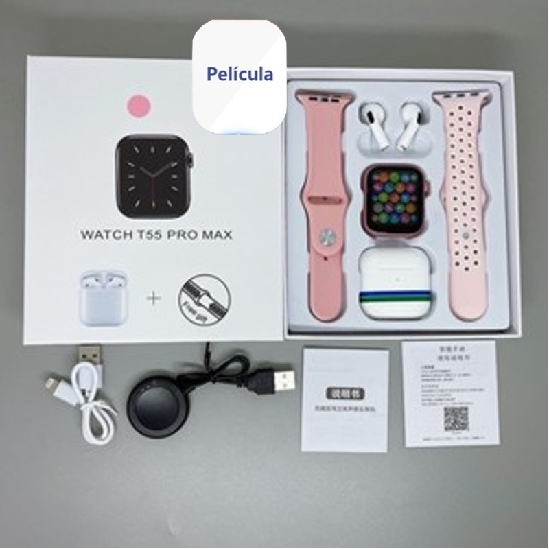 Imagem （i12 Fone） T55 Pro Max Smart Watch Com 4 Earbuds Set Hot-sale 2 Alças Bluetooth Chamada De Papel De Parede Personalizado