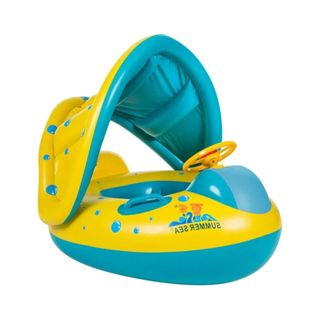 Boia Bote Infantil ACQUAFUN com Volante, Buzina, Carrinho e Cobertura UV - Amarelo Azul