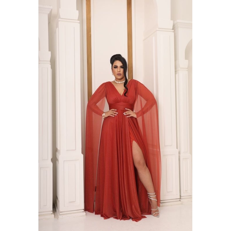 vestido longo elegante manga capa luxo Megaliquidação**&