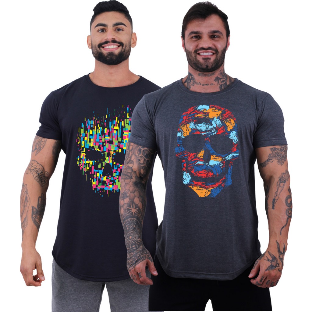 Kit 2 Camiseta Longline MXD Conceito Malha 30.1 Penteada Estampada Academia Caveiras e Frases em Oferta na Shopee