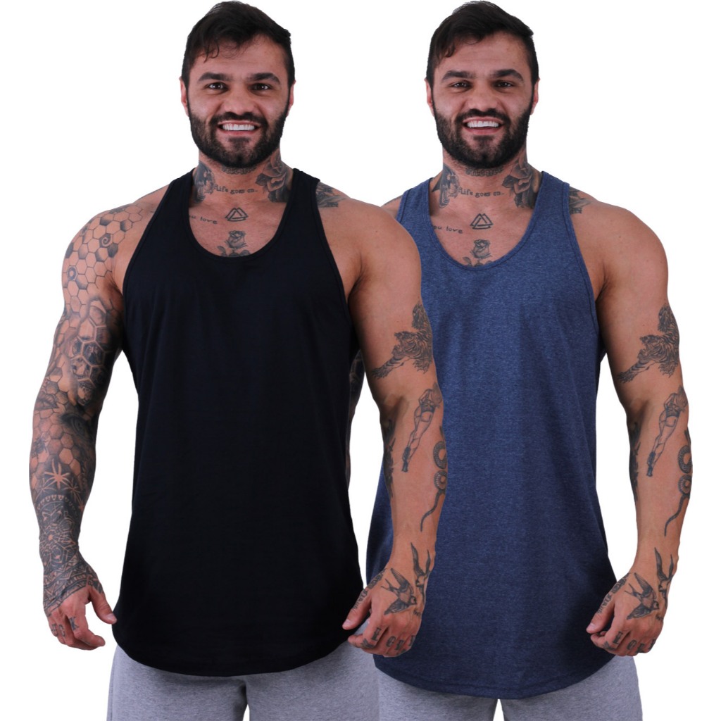 Kit 2 Regatas Longline Cavada Masculina MXD Conceito Sem Estampa Preta Branca Cinza Azul Treino Slim