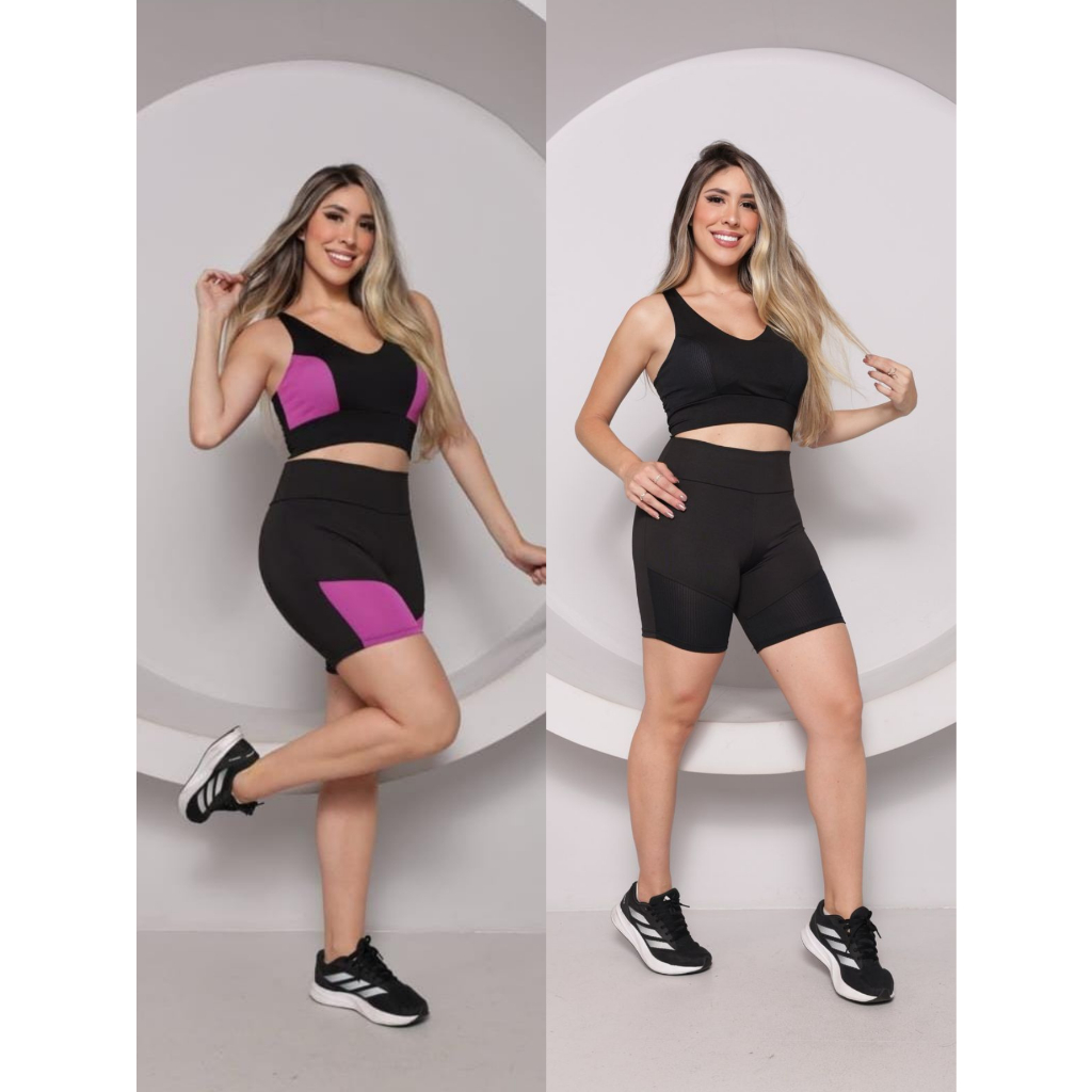 Conjunto Fitness Feminino Top + Short Cós Alto Roupa de academia Feminina  zero transparência