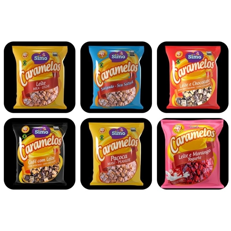 Pacote Bala Caramelo Quadradinho 500g Simo - Milk Leite, Chocolate, Morango, Paçoca, Café