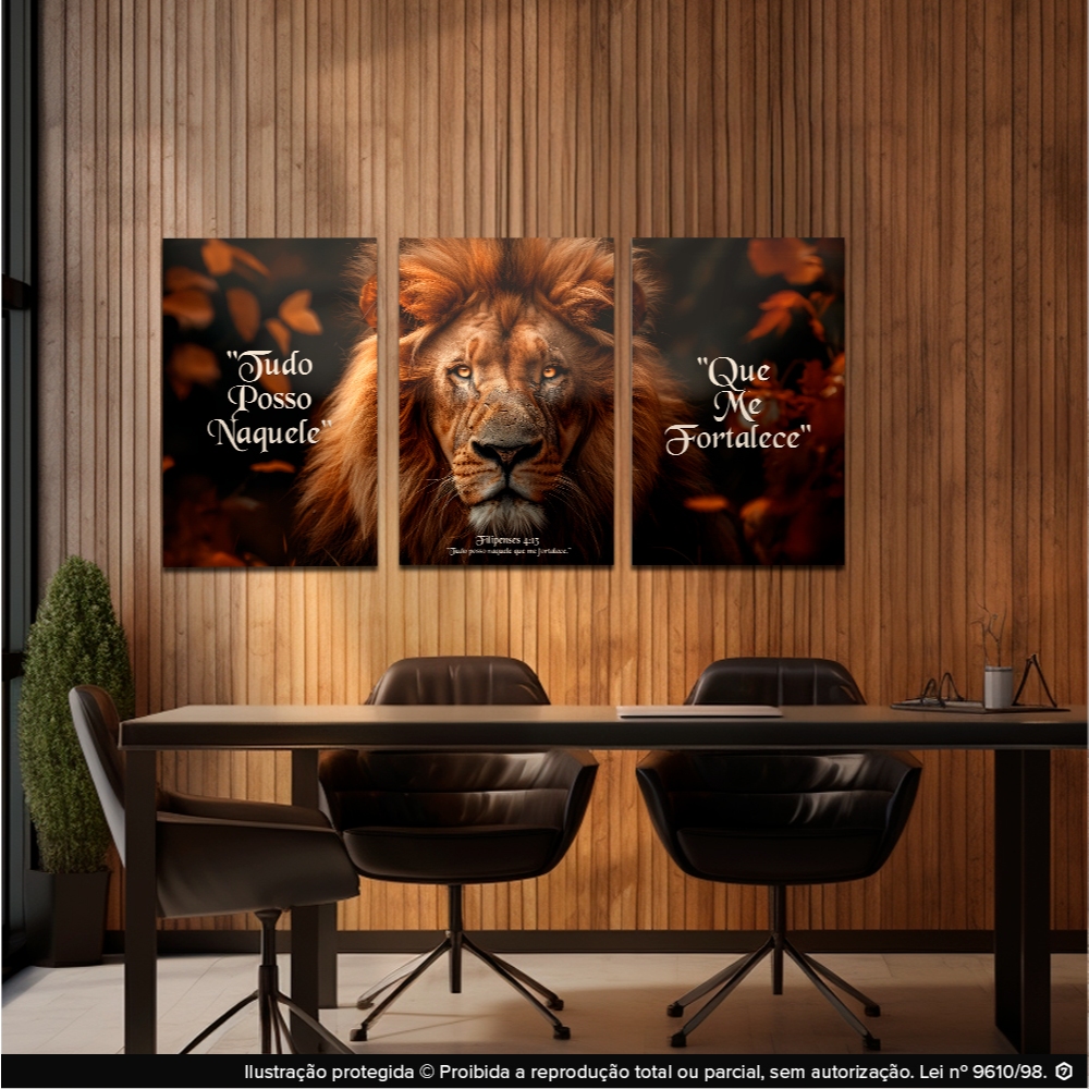 Quadro Triplo Decorativo 40x60 – Leão Majestoso com Versículo Bíblico "Tudo Posso Naquele que Me Fortalece"