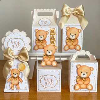 PEGUE E MONTE - Kit Festa Chá de Bebê Revelação Ursinho Neutro Dourado-Bege - Personalizados Lembrancinhas Caixinhas em Oferta na Shopee