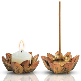 Kit Incensário Castiçal Flor de Lótus – Ouro Velho (2 Peças) em Oferta na Shopee