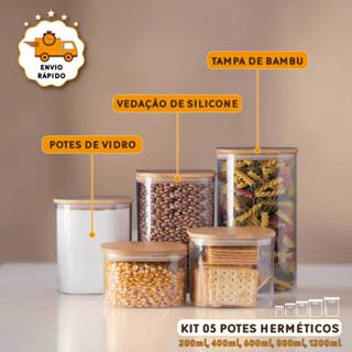 Kit 5 Potes Herméticos Vidro Tampa Bambu Condimentos Organizador Temperos Alimentos Porta Mantimento em Oferta na Shopee