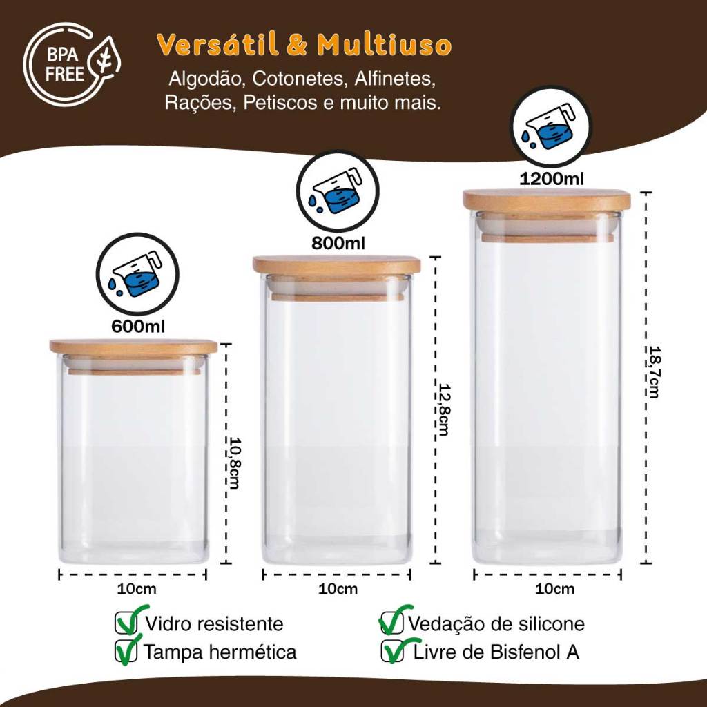 Kit 5 Potes de Vidro com Tampa de Bambu para Condimentos e Alimentos — foto 7