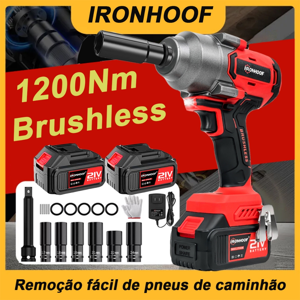 Chave de Impacto 1200/800Nm Potente Parafusadeira Brushless 2 Bateria