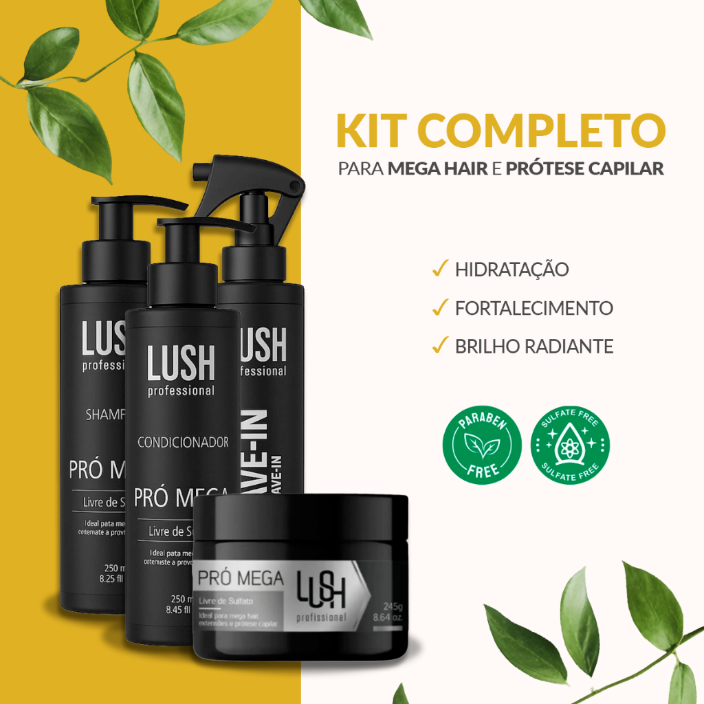 Kit Shampoo Condicionador Máscara e Leave - in para Prótese Capilar, Mega Hair e Extensões em Oferta na Shopee