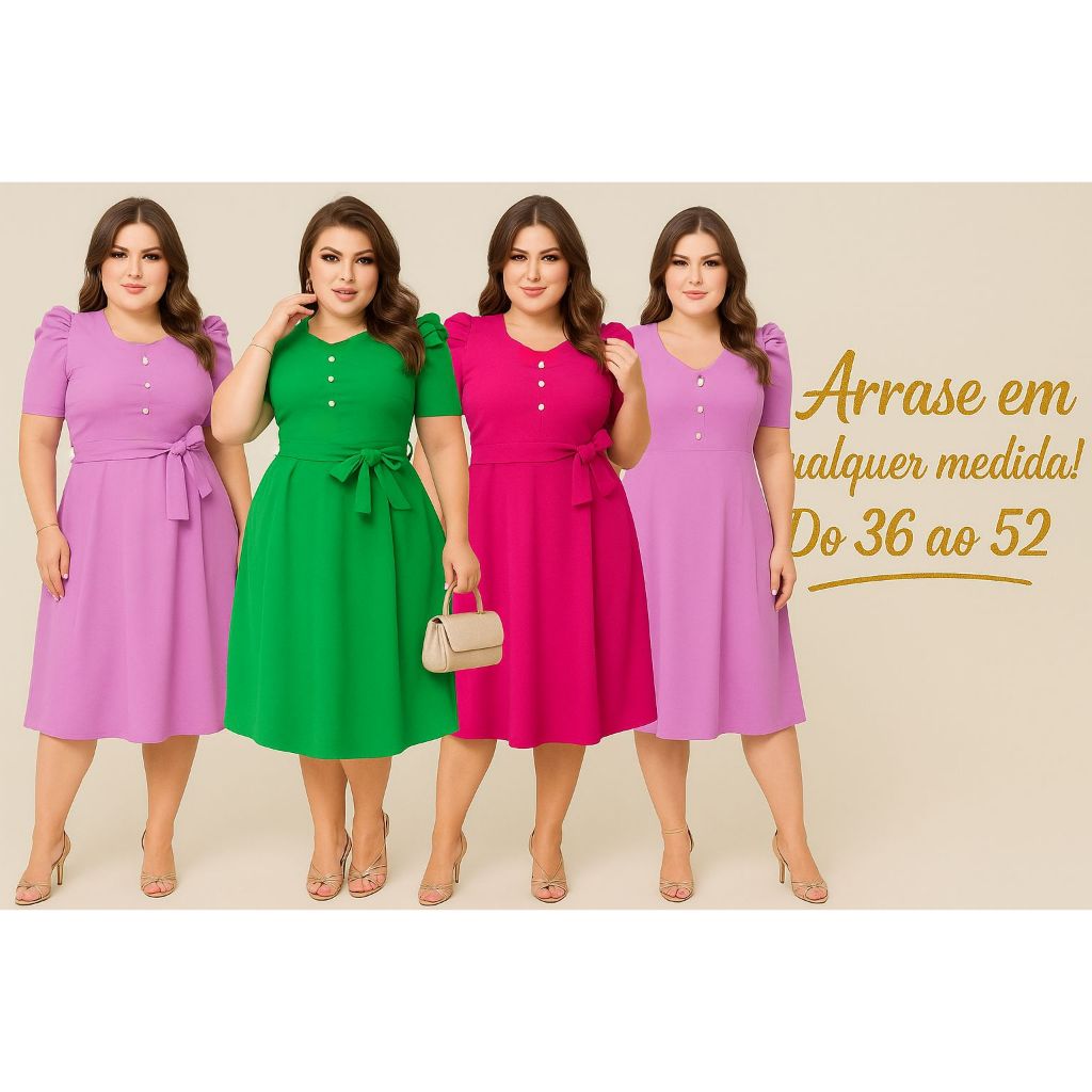 Vestidos Plus Size Moda Evangélica Social Rodado Evasê Lilás